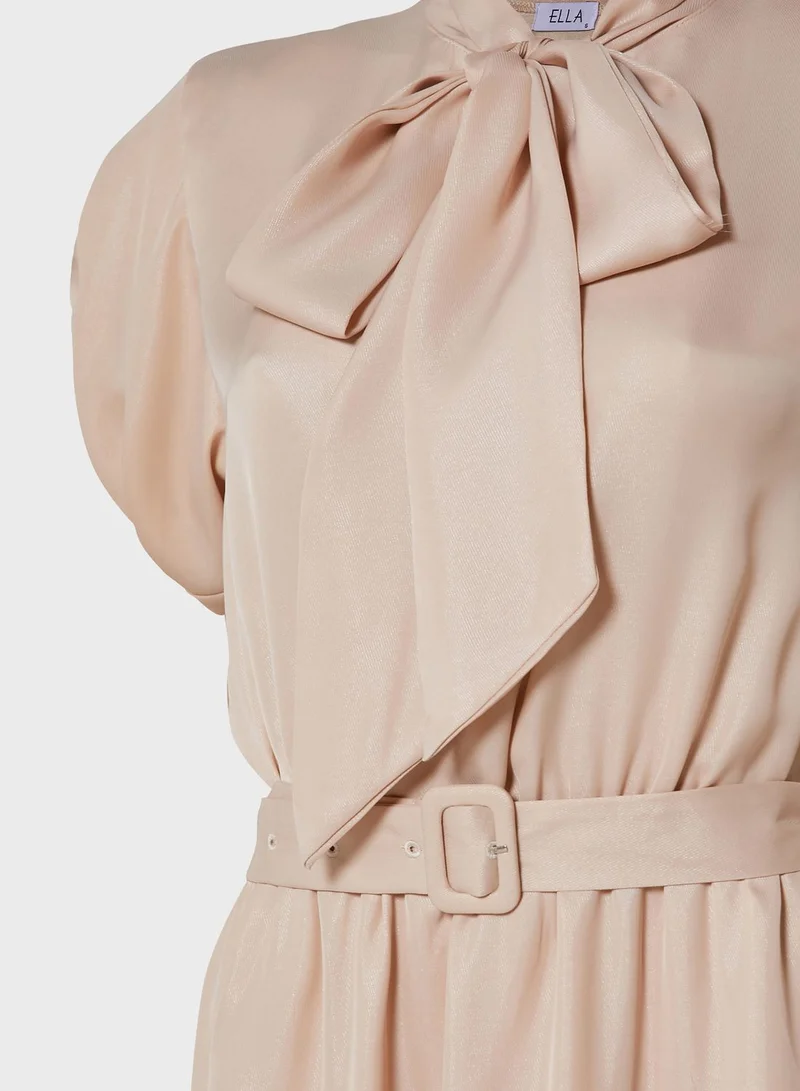 ELLA Tie Neck Belted Midi Dress