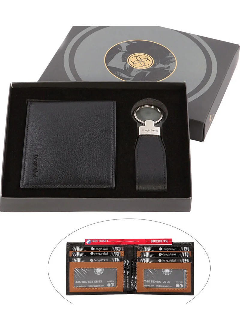 Cengiz Pakel Leather Black Men's Wallet + Keychain Set