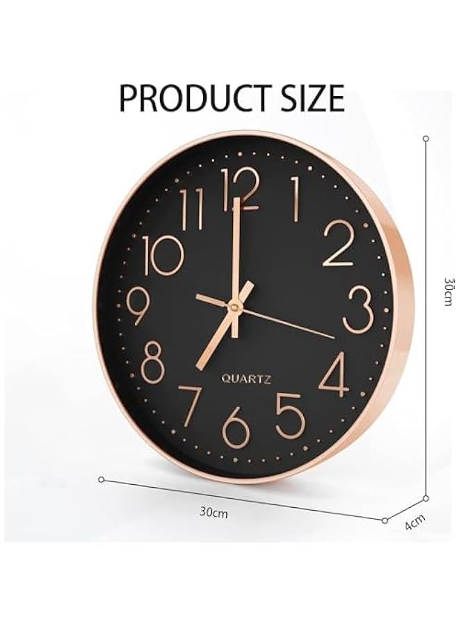 هوكور ساعة حائط عصرية 12 انش صامتة بدون تكتكة تعمل بالبطارية كوارتز ساعة حائط دائرية مزخرفة للمكتب والفصول الدراسية والمدرسة من لوك روزي (اسود) - Image 2