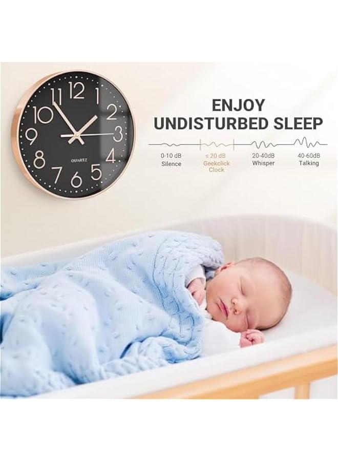 هوكور ساعة حائط عصرية 12 انش صامتة بدون تكتكة تعمل بالبطارية كوارتز ساعة حائط دائرية مزخرفة للمكتب والفصول الدراسية والمدرسة من لوك روزي (اسود) - Image 5