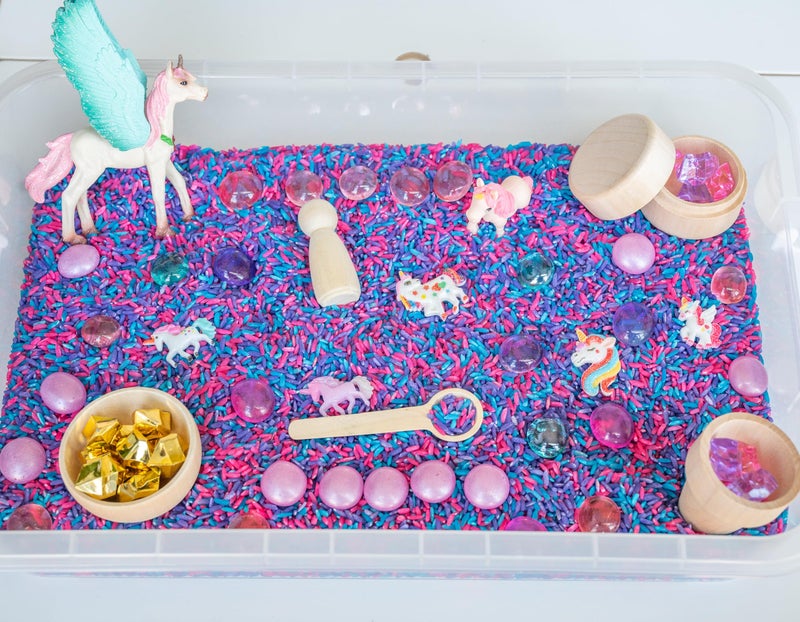 Sensory-N-Stuff Unicorn Sensory Bin Kit for Kids Pink Purple Blue Rice Unicorn Figurines Charms Crystals Wooden Tools Includes Clear Storage Bin - Image 3