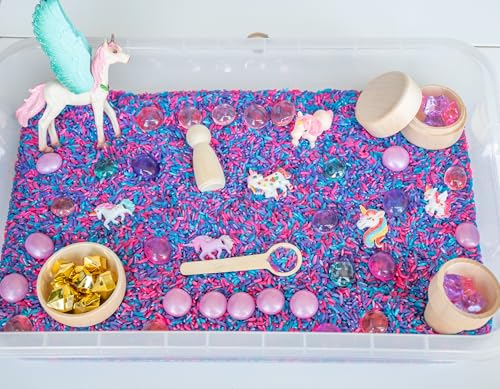 Sensory-N-Stuff Unicorn Sensory Bin Kit for Kids Pink Purple Blue Rice Unicorn Figurines Charms Crystals Wooden Tools Includes Clear Storage Bin - Image 1
