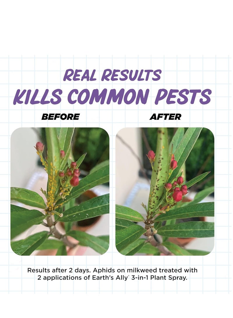 Earth's Ally بخاخ نباتات Earth's Ally 3 في 1 سعة 24 أونصة جاهز للاستخدام | أفضل من زيت النيم | مبيد حشري ومبيد فطريات ومكافحة سوس العنكبوت للزراعة العضوية، طارد للآفات للنباتات المنزلية الداخلية والحدائق الخارجية - Image 2