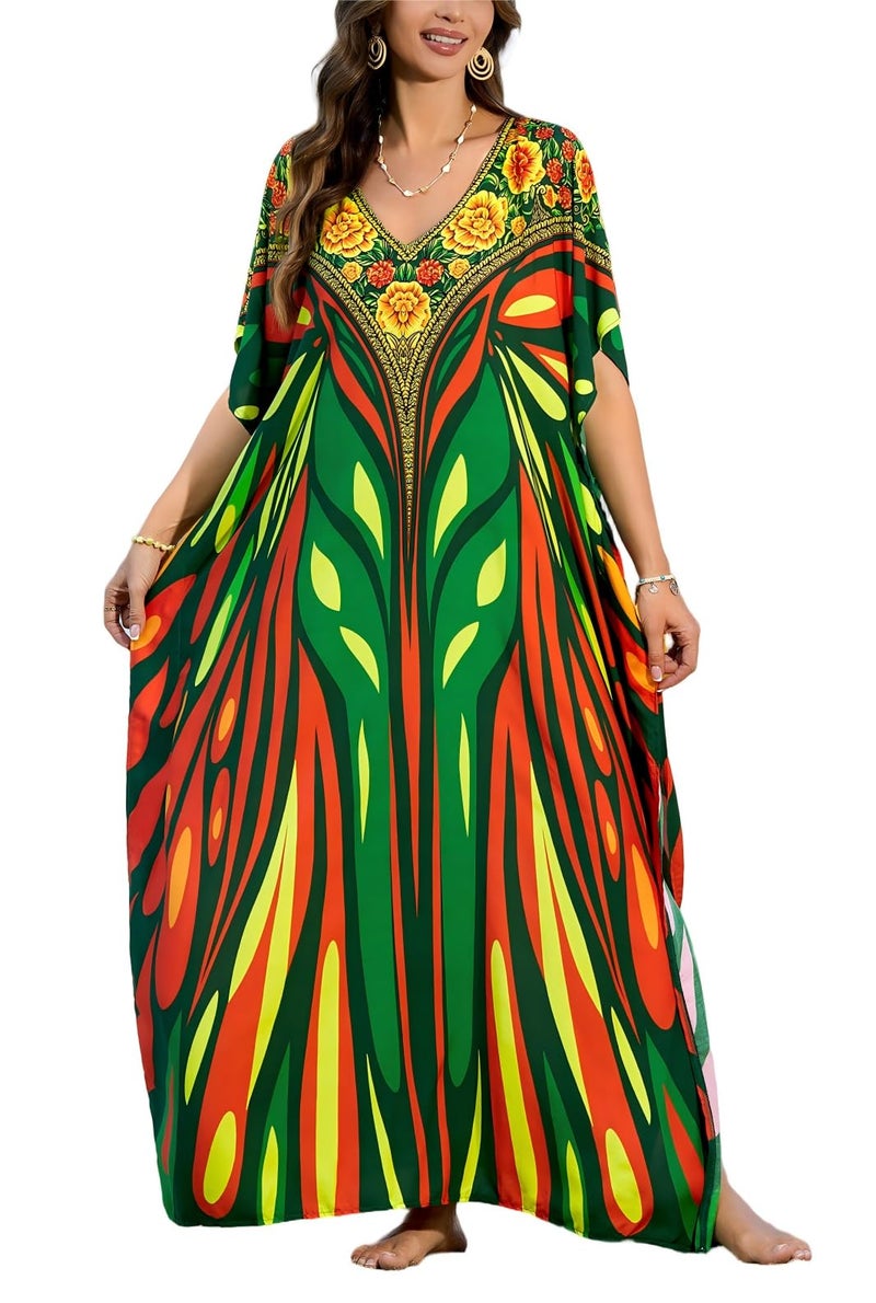 IMAGEKOPE Moroccan Print V-Neck Batwing Kaftan Women's Plus Size Loose Fit Beach Dress Bathing Suit Cover Up Loungewear - Image 1