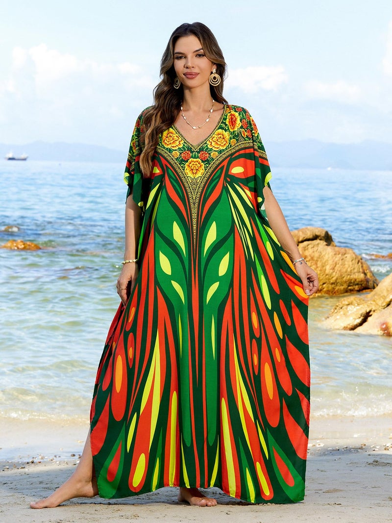 IMAGEKOPE Moroccan Print V-Neck Batwing Kaftan Women's Plus Size Loose Fit Beach Dress Bathing Suit Cover Up Loungewear - Image 3