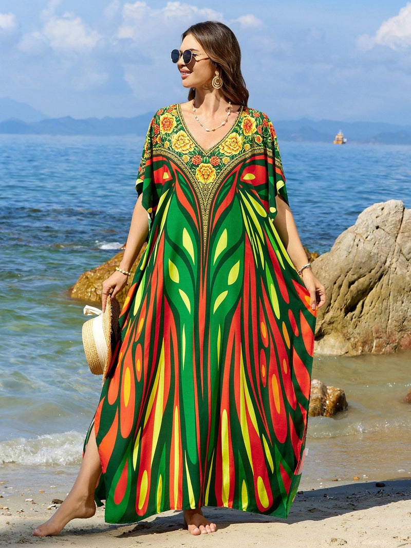 IMAGEKOPE Moroccan Print V-Neck Batwing Kaftan Women's Plus Size Loose Fit Beach Dress Bathing Suit Cover Up Loungewear - Image 5