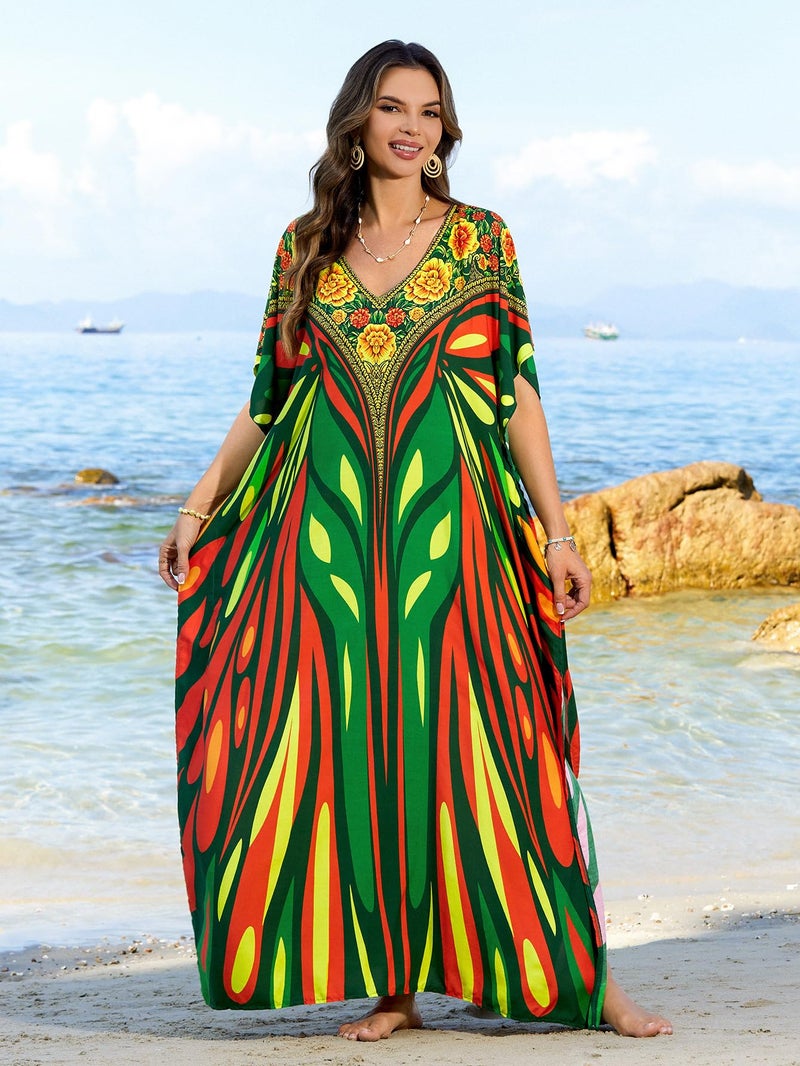 IMAGEKOPE Moroccan Print V-Neck Batwing Kaftan Women's Plus Size Loose Fit Beach Dress Bathing Suit Cover Up Loungewear - Image 2
