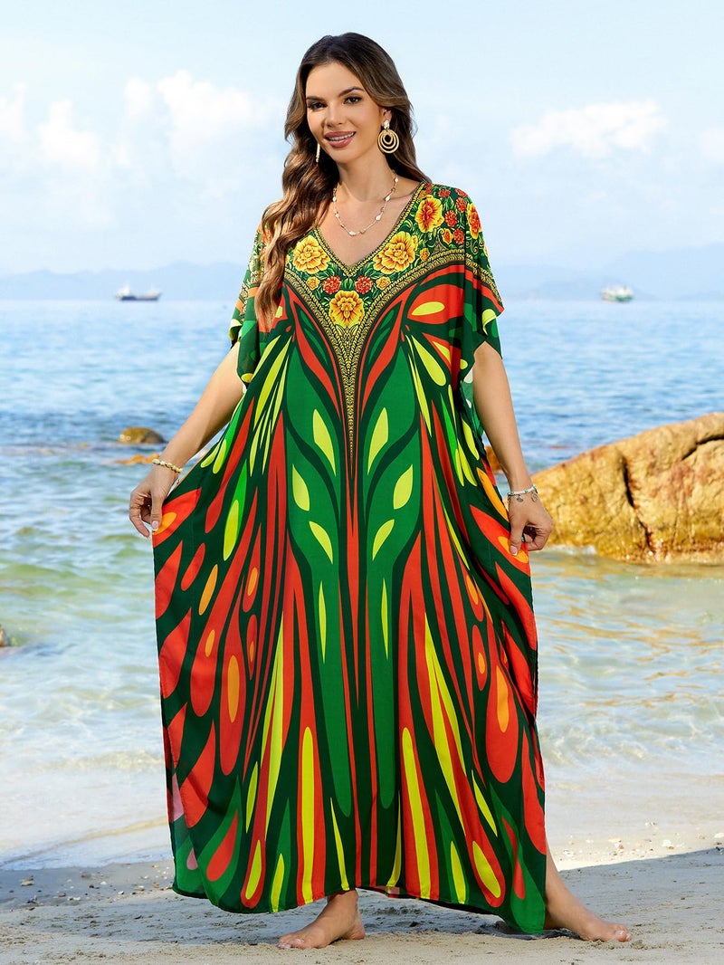 IMAGEKOPE Moroccan Print V-Neck Batwing Kaftan Women's Plus Size Loose Fit Beach Dress Bathing Suit Cover Up Loungewear - Image 4