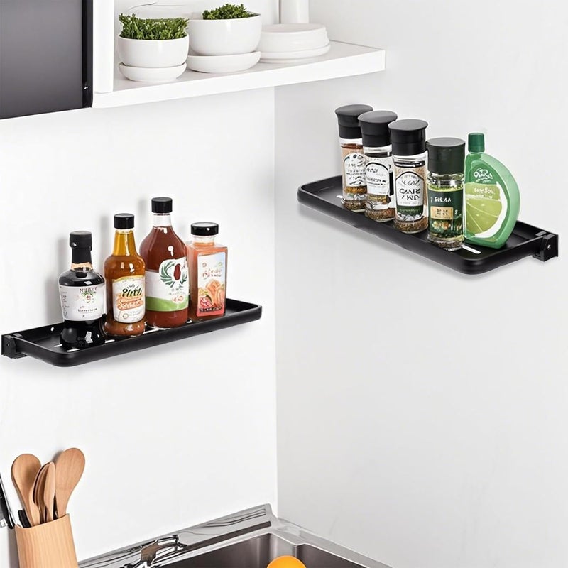 DEAYOU 2 Pack Folding Wall Shelf for Bathroom, 90° Fold Up Floating Shelf, Wall Mounted Drop Down Metal Shelves for RV, Campers, Laundry Room, Toilet Room, Kitchen, Waterproof, Space Saving, Black - Image 2