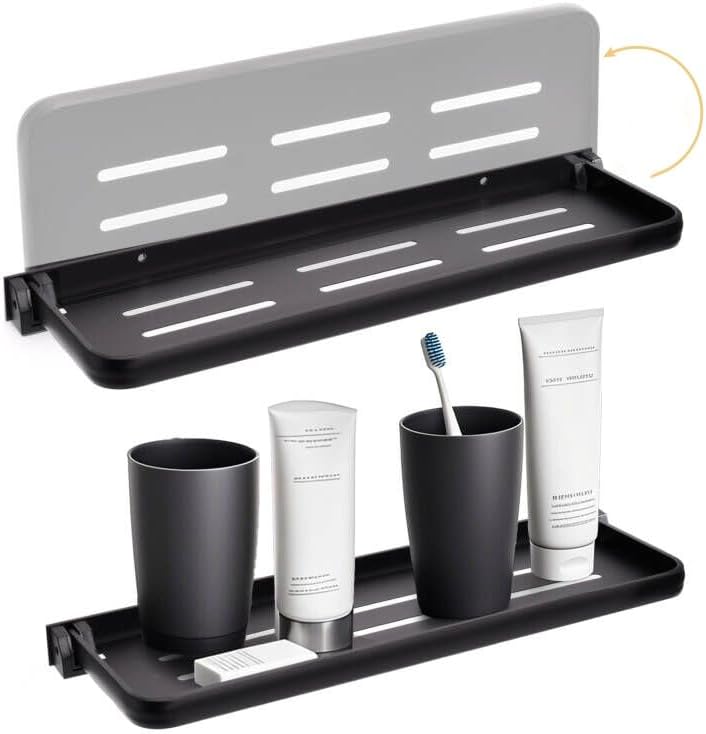 DEAYOU 2 Pack Folding Wall Shelf for Bathroom, 90° Fold Up Floating Shelf, Wall Mounted Drop Down Metal Shelves for RV, Campers, Laundry Room, Toilet Room, Kitchen, Waterproof, Space Saving, Black - Image 1