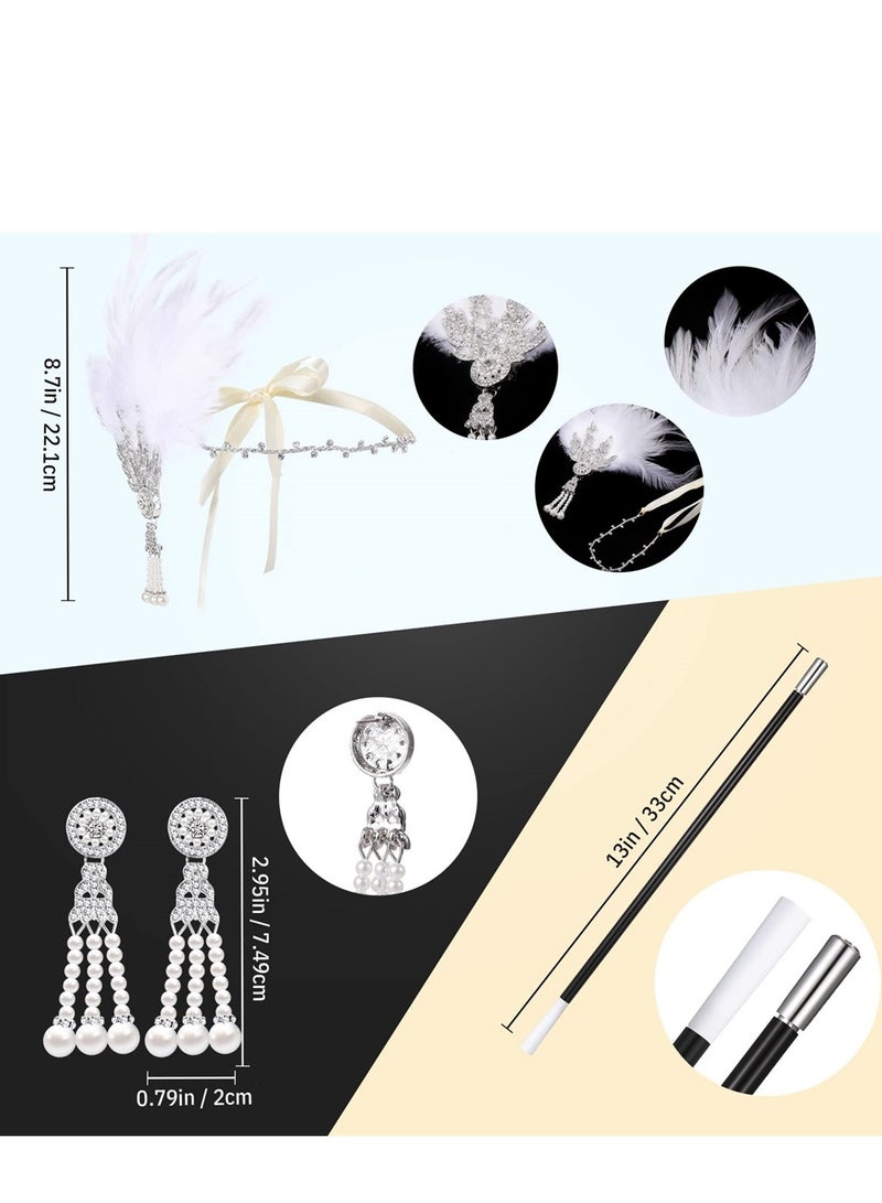 Excefore 1920s Flapper Costume Accessories Set, Gatsby Costume Accessories Set for Women 20s Headpiece Earrings Gloves Holder Pearl Necklace and Feather Fan  - Image 2