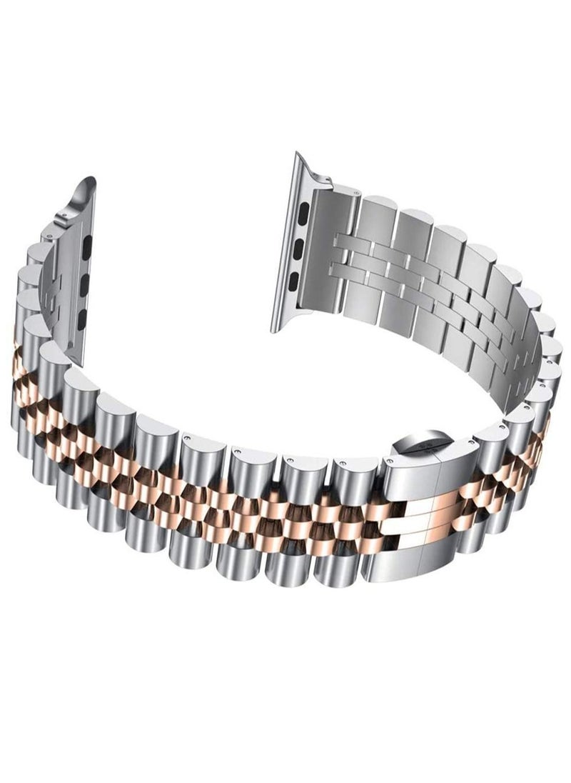 ELTRAZONE - Replacement Band Compatible with Apple Watch 45mm / 44mm / 42mm, Stainless Steel Solid Strap Metal Bracelet for Apple Watch Series 7 6 5 4 3 2 SE (Silver + Rose Gold) - Image 1