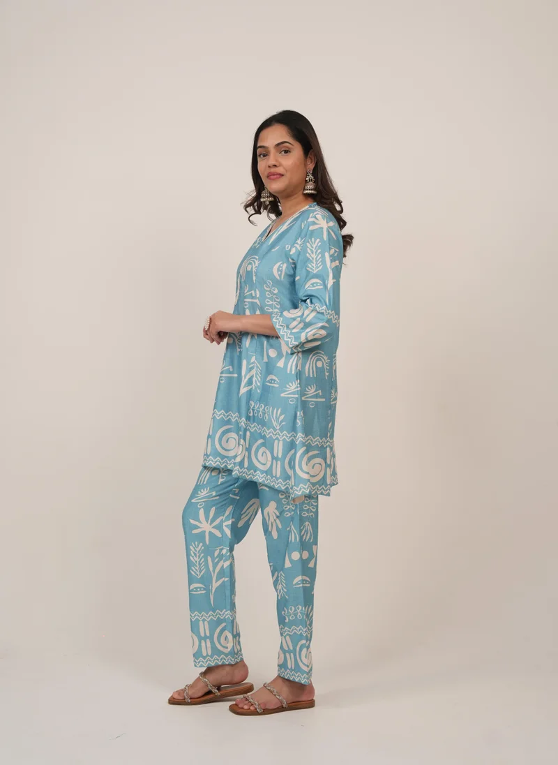 Lehar Lehar Sky Blue Abstract Print Co-Ord Set