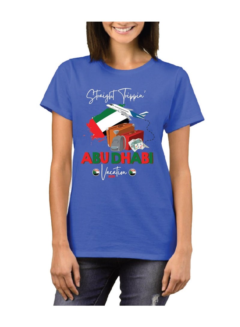 Abu Dhabi Vacation T-Shirt For Women|UAE Travel Souvenir Tee With Flag Iconic Print|Soft Round Neck Cotton Top|Comfortable&Stylish Gift From The Pearl Of Arabia - Image 1