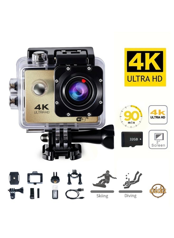 عام كاميرا خوذة، كاميرا مدمجة، كاميرا بانورامية 360 درجة، كاميرا حركة 4K، كاميرا حركة 1080P (مع غلاف مقاوم للماء)، كاميرا خارجية صغيرة ذكية عالية الدقة مقاومة للماء (ذهبية مع بطاقة ذاكرة 32 جيجابايت). - Image 1