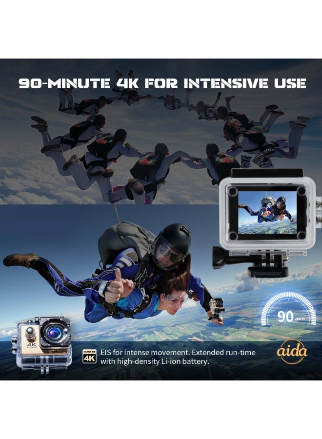 عام كاميرا خوذة، كاميرا مدمجة، كاميرا بانورامية 360 درجة، كاميرا حركة 4K، كاميرا حركة 1080P (مع غلاف مقاوم للماء)، كاميرا خارجية صغيرة ذكية عالية الدقة مقاومة للماء (ذهبية مع بطاقة ذاكرة 32 جيجابايت). - Image 2