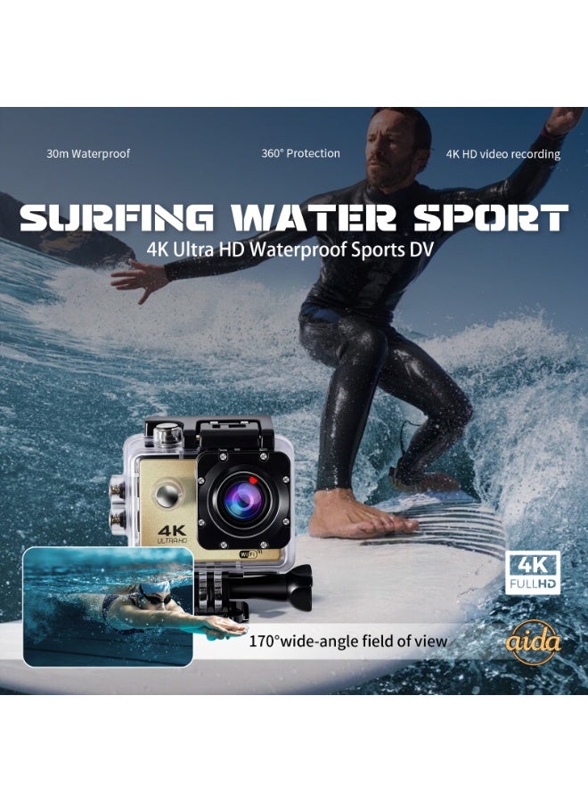 عام كاميرا خوذة، كاميرا مدمجة، كاميرا بانورامية 360 درجة، كاميرا حركة 4K، كاميرا حركة 1080P (مع غلاف مقاوم للماء)، كاميرا خارجية صغيرة ذكية عالية الدقة مقاومة للماء (ذهبية مع بطاقة ذاكرة 32 جيجابايت). - Image 3