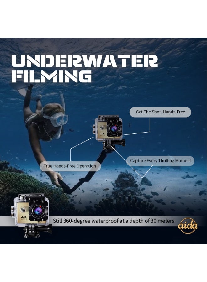 عام كاميرا خوذة، كاميرا مدمجة، كاميرا بانورامية 360 درجة، كاميرا حركة 4K، كاميرا حركة 1080P (مع غلاف مقاوم للماء)، كاميرا خارجية صغيرة ذكية عالية الدقة مقاومة للماء (ذهبية مع بطاقة ذاكرة 32 جيجابايت). - Image 5