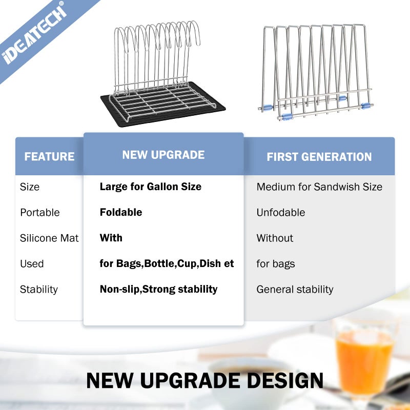 IDEATECH Reusable Bag Rack with Cup Drying Mat,Plastic Bag Dryer Rack Dish Drying,Collapsible Kitchen Counter Storage Organizer Sponge Holder,Dryer Rack for Silicone Storage Bag,Kitchen Must Have - Image 2