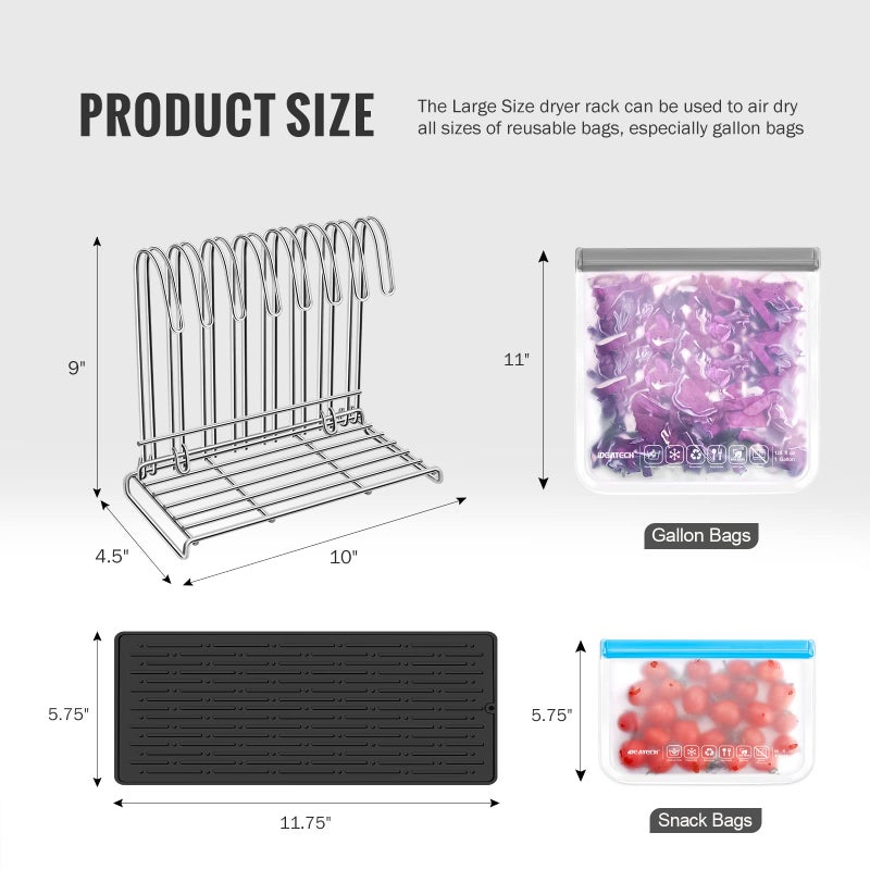 IDEATECH Reusable Bag Rack with Cup Drying Mat,Plastic Bag Dryer Rack Dish Drying,Collapsible Kitchen Counter Storage Organizer Sponge Holder,Dryer Rack for Silicone Storage Bag,Kitchen Must Have - Image 5