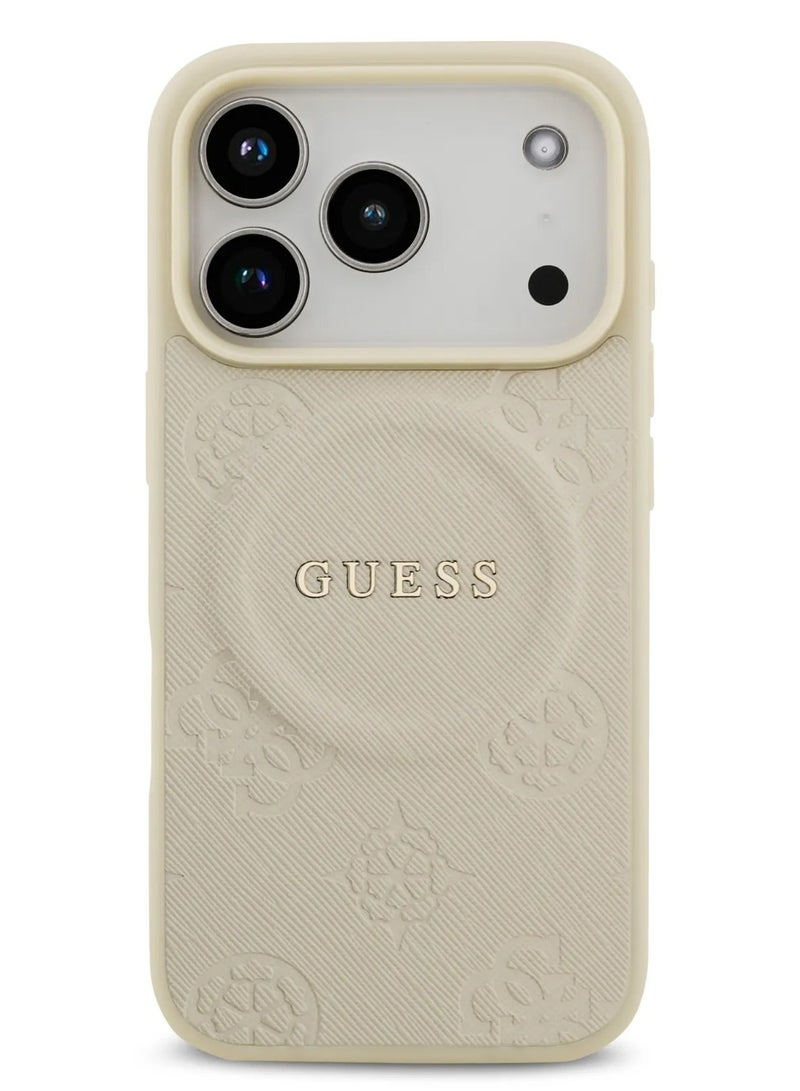 GUESS iPhone 17 Pro Max MagSafe Case / PU Leather Case with Peony Hot Stamp Design & Classic Logo - Beige - Image 1