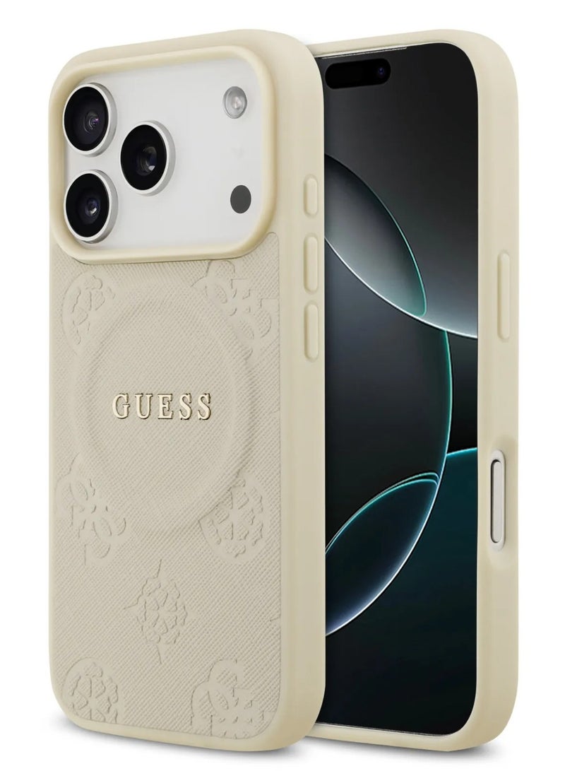 GUESS iPhone 17 Pro Max MagSafe Case / PU Leather Case with Peony Hot Stamp Design & Classic Logo - Beige - Image 2