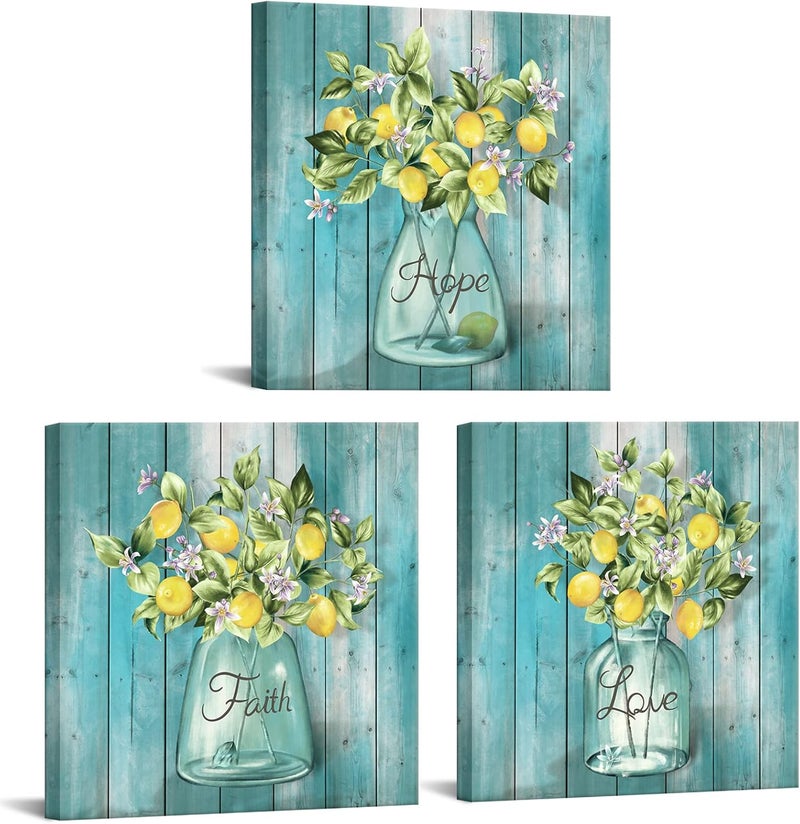 RnnJoile Lemon Canvas Wall Art Set - Hope, Faith, Love - Image 1