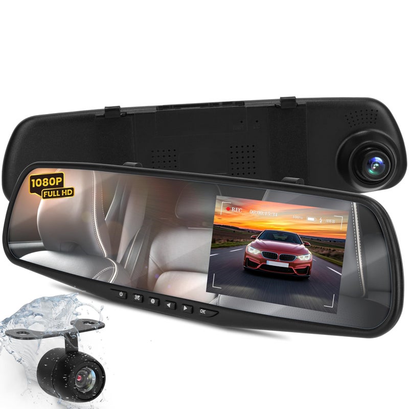 Pyle Dash Cam Front and Rear - HD 720p Dual Camera Car Video System with Rearview Mirror Attachment, Waterproof Backup Cam, 4.5â€™â€™ Display, G-Sensor, DVR Recording, Easy Plug-and-Play Setup - Image 1