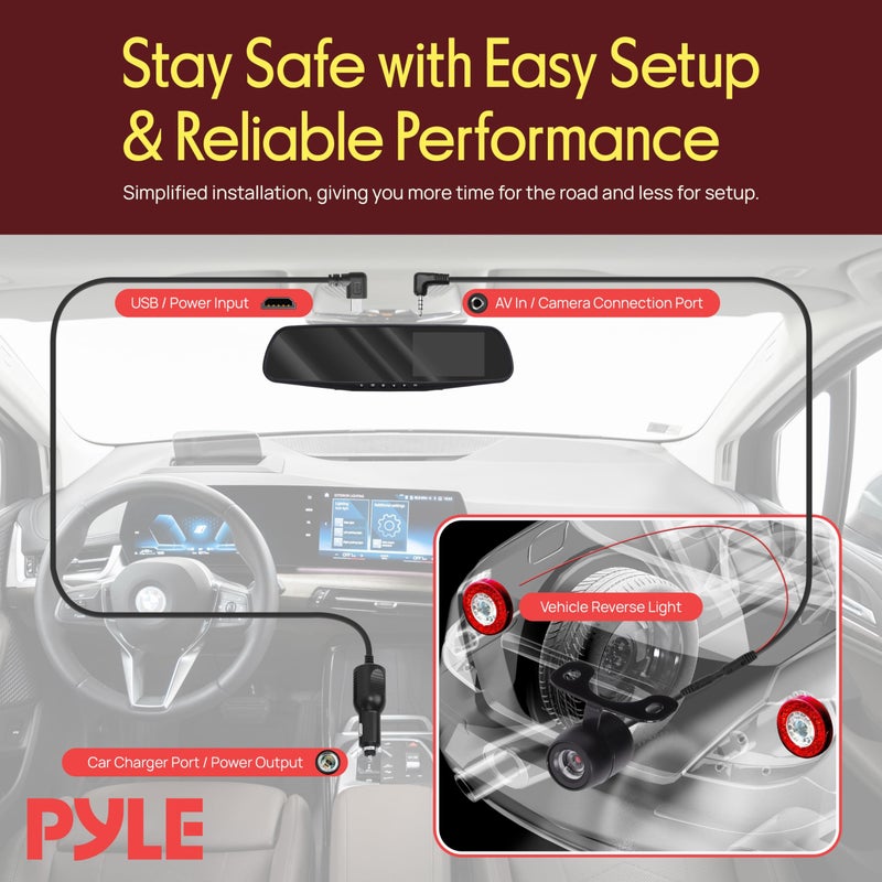 Pyle Dash Cam Front and Rear - HD 720p Dual Camera Car Video System with Rearview Mirror Attachment, Waterproof Backup Cam, 4.5â€™â€™ Display, G-Sensor, DVR Recording, Easy Plug-and-Play Setup - Image 3