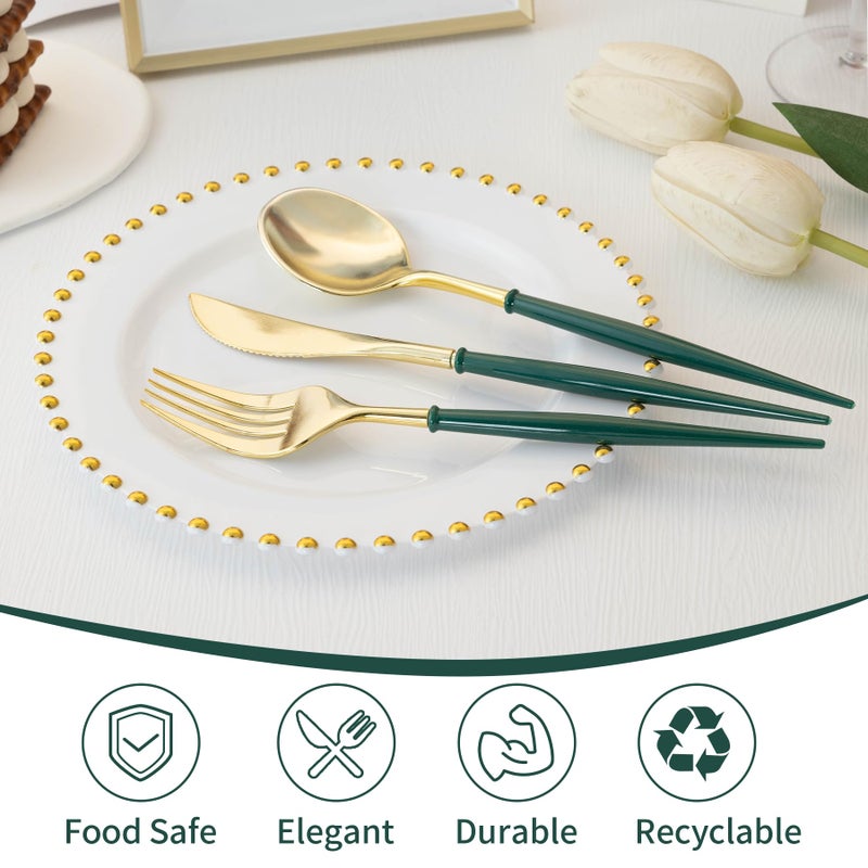 LULLABY 150 Pcs Gold Plastic Silverware - Disposable Flatware with Green Handles  Includes 50 Knives  50 Forks  50 Spoons  Perfect for Birthdays  Weddings  Picnics - Image 3
