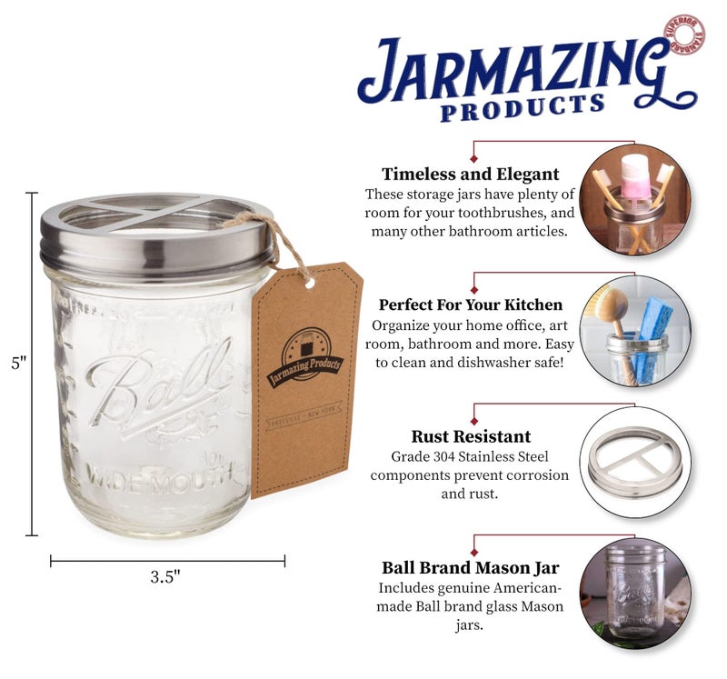 Jarmazing Products Mason Jar Toothbrush Holder - with 16 Ounce Ball Mason Jar â€“ Made from Rust-Proof Stainless Steel - Image 2