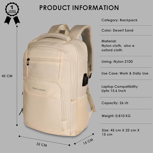 Red Lemon 26L Laptop Backpack for Men & Women | Fits 15.6” Laptop | Water-Resistant Nylon with Rain Cover | Lightweight Large-Capacity Office, College & Travel Backpack with Bottle Pocket - Beige - Image 3