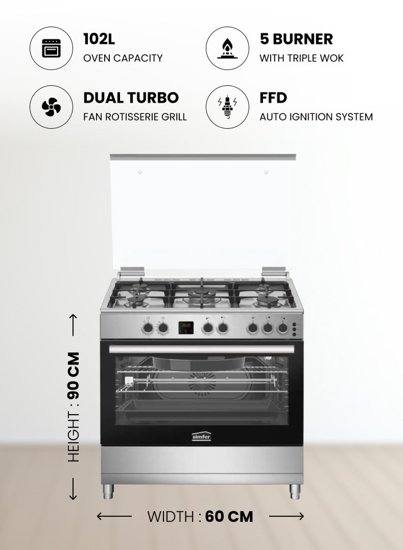 Simfer Gas Cooker 90x60 cm | 102L Oven Capacity | 5 Burner with Triple Wok | Turbo Fan Rotisserie Grill | Digital Timer Auto Ignition FFD | Stainless Steel | Model SMF9069GCH-N Premium - Image 2