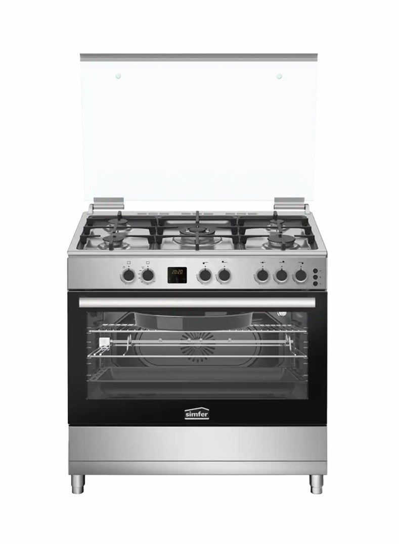 Gas Cooker 90x60 cm | 102L Oven Capacity | 5 Burner with Triple Wok | Turbo Fan Rotisserie Grill | Digital Timer Auto Ignition FFD | Stainless Steel | Model SMF9069GCH-N Premium