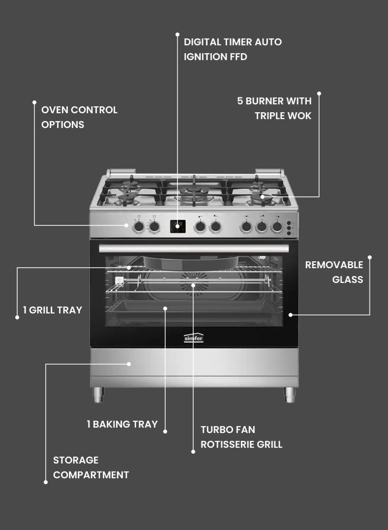 Simfer Gas Cooker 90x60 cm | 102L Oven Capacity | 5 Burner with Triple Wok | Turbo Fan Rotisserie Grill | Digital Timer Auto Ignition FFD | Stainless Steel | Model SMF9069GCH-N Premium - Image 3