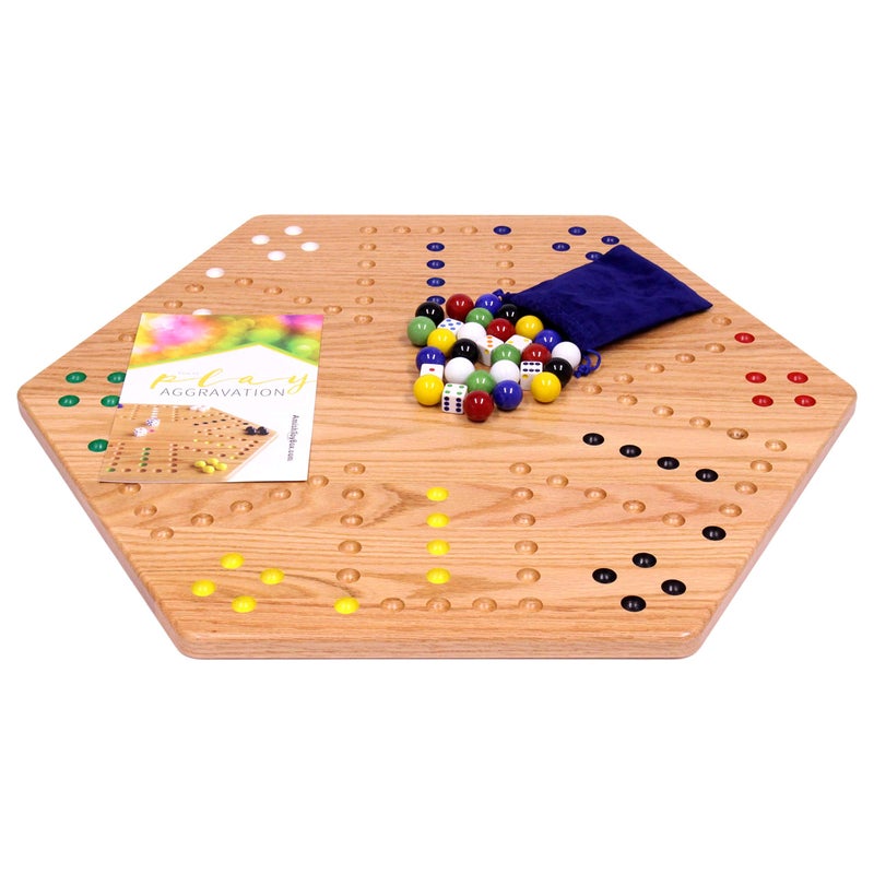 AmishToyBox.com Wahoo Wooden Marble Game Board Set - Large 24" Wide - Solid Oak Wood - Double-Sided - with Large 22mm Marbles and Dice Included - Image 4