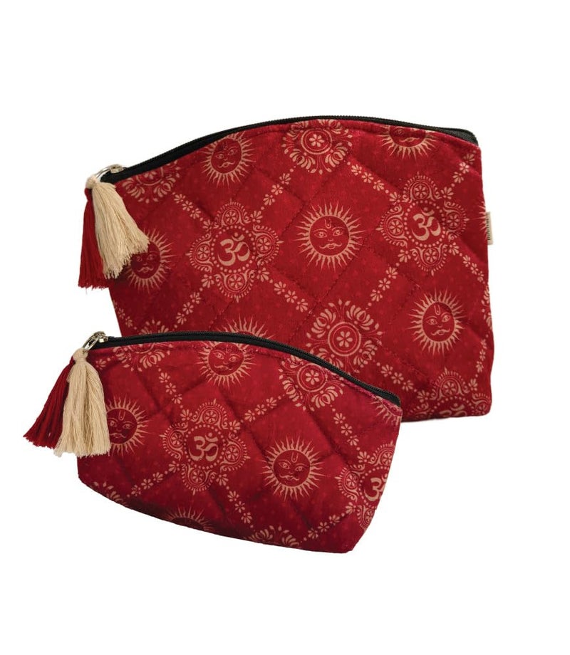 MaatirDesigns Maroon Velvet Makeup Bag Waterproof Travel Cosmetic Bag Puffy Quilted Makeup Organizer Case Travel Essentials India Om Hindu Art Print Pouches Set of 2 - Image 1