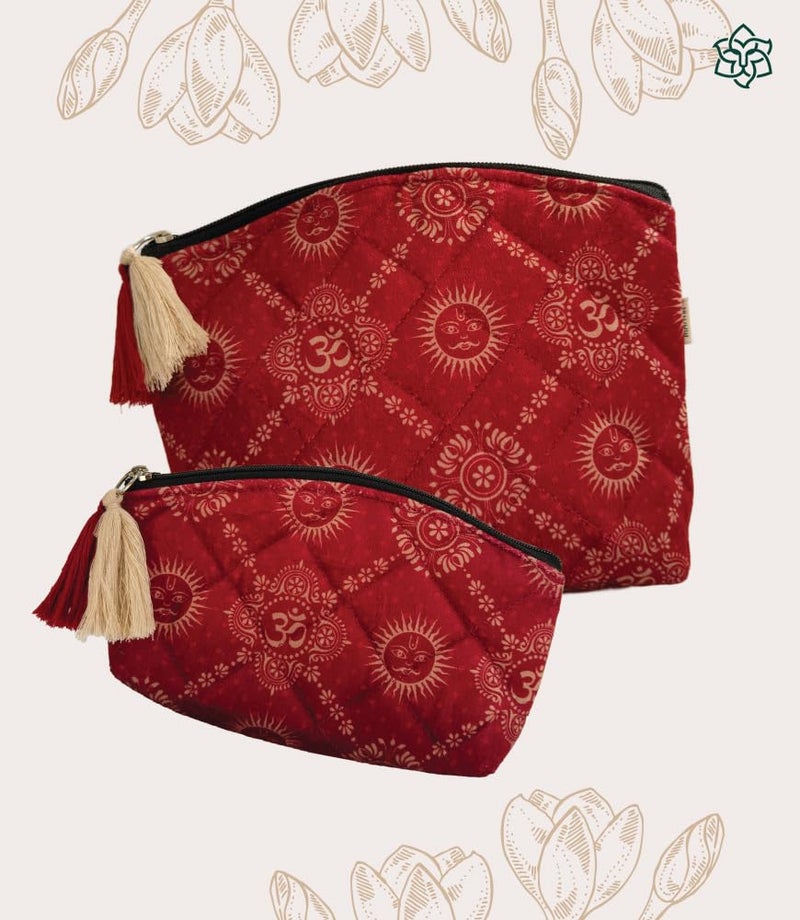 MaatirDesigns Maroon Velvet Makeup Bag Waterproof Travel Cosmetic Bag Puffy Quilted Makeup Organizer Case Travel Essentials India Om Hindu Art Print Pouches Set of 2 - Image 2