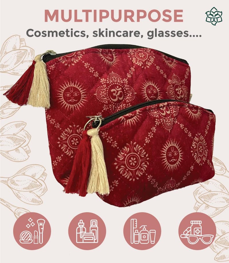 MaatirDesigns Maroon Velvet Makeup Bag Waterproof Travel Cosmetic Bag Puffy Quilted Makeup Organizer Case Travel Essentials India Om Hindu Art Print Pouches Set of 2 - Image 4