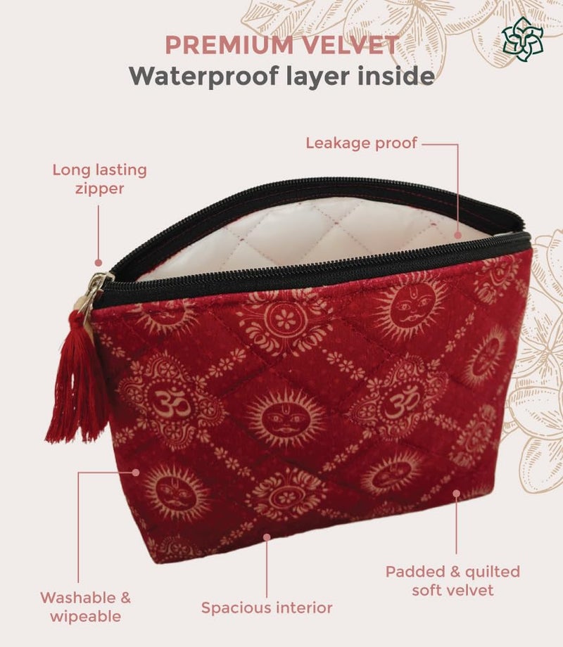MaatirDesigns Maroon Velvet Makeup Bag Waterproof Travel Cosmetic Bag Puffy Quilted Makeup Organizer Case Travel Essentials India Om Hindu Art Print Pouches Set of 2 - Image 5