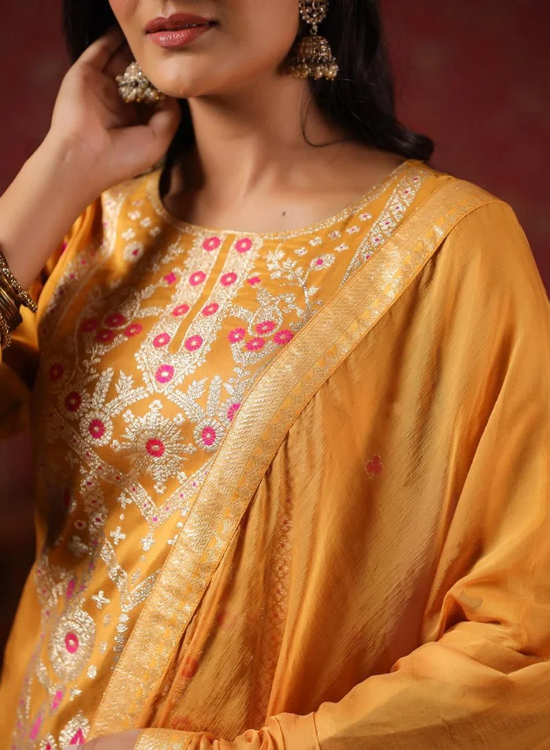 ISHIN Women's Ethnic Wear's MUSTARD STRAIGHT POLY SILK Kurta Set with Dupatta