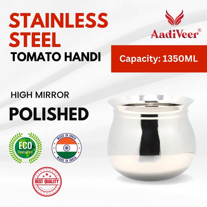 AadiVeer AadiVeer 1350ml High Mirror Polished Stainless Steel Steel Pot Milk Pot | Milk Handi | Steel Handi | Dahi Handi, Cook and Serve, Silver  - Image 2