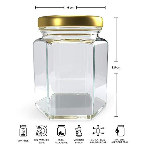SITOVI Hexagon Glass Jar & Container with Rust Free Air Tight Lid, Suitable for Use in Your Home Office, Kitchen Storage/Glass Jar for Kitchen 250 ml (Gold lid, 6) - Image 4
