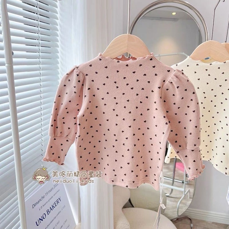 Spring and Autumn Women's Children's Wear T-shirt Base Shirt Baby Western Style Children's Personality Fashion Brand Korean Style Ear Edge Love Puff Sleeves - Image 1