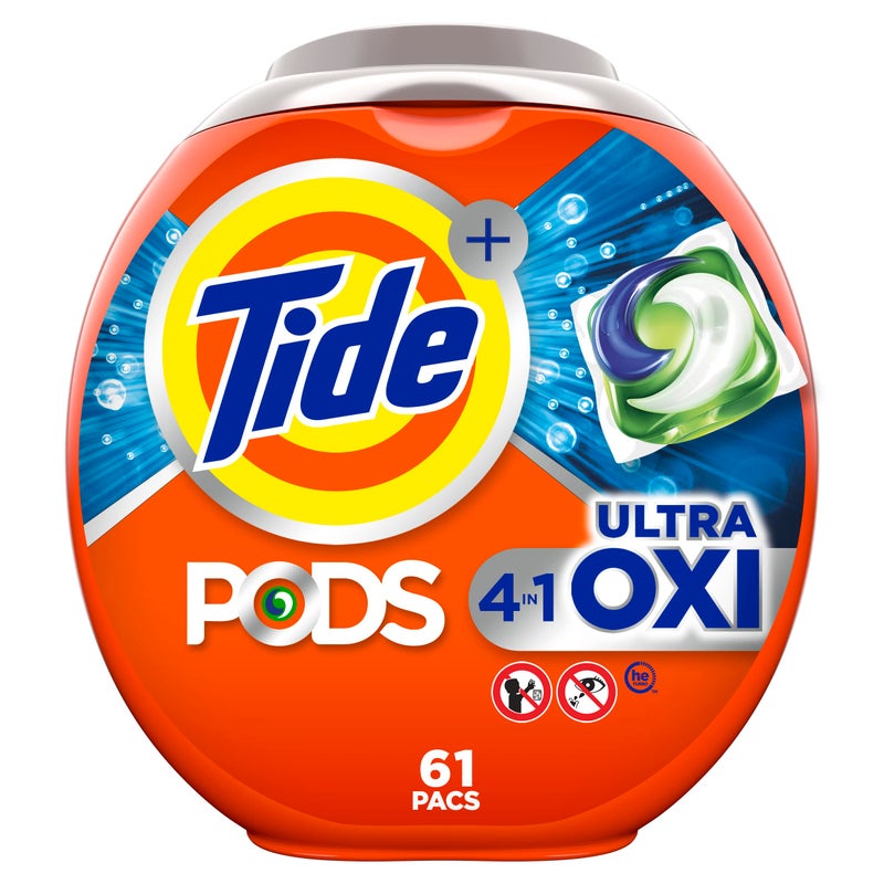 Tide PODS Ultra Oxi Laundry Detergent Soap Pacs, 61 Count, 4 in 1 Laundry Pods with Built-In-Pretreaters and Stain Remover - Image 1
