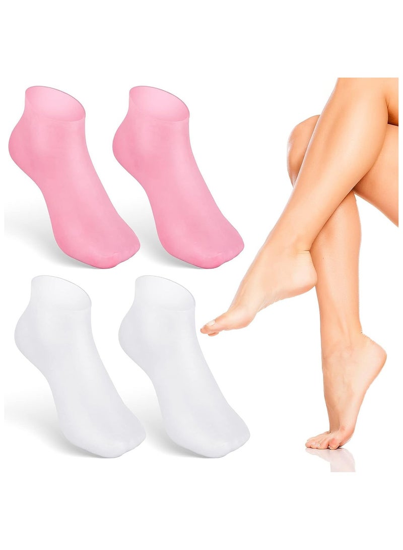 Bills Silicone Socks 2 Pairs Aloe Socks Silicone Gel Heel Socks Anti Slip Silicone Moisturizing Socks for Women Men Dry Cracking Skin,Pink and White - Image 1