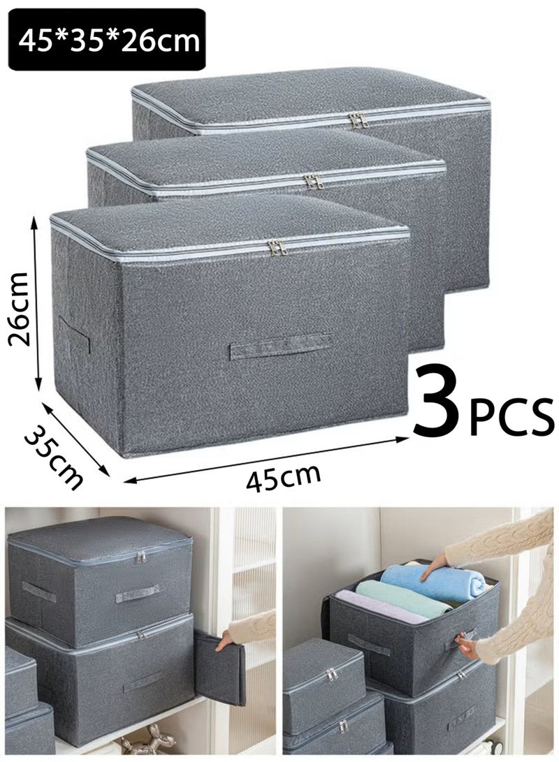 Jourvent 3PCS Storage Boxes with Zipper Lid Storage Boxes PP Plastic Board Foldable Home Storage Boxes with Lids, Basket Wardrobe Clothes Organizing Containers - Gray, Large Size 45 x 35 x 26 cm - Image 1