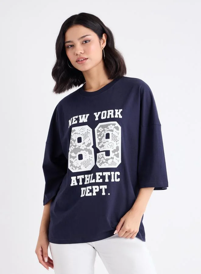 ستايلي Styli Women Navy Graphic Oversized T-Shirt with Dropped Shoulder