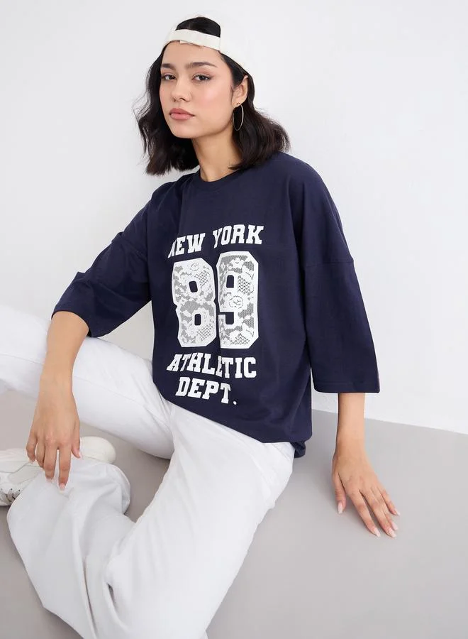 Styli Styli Women Navy Graphic Oversized T-Shirt with Dropped Shoulder