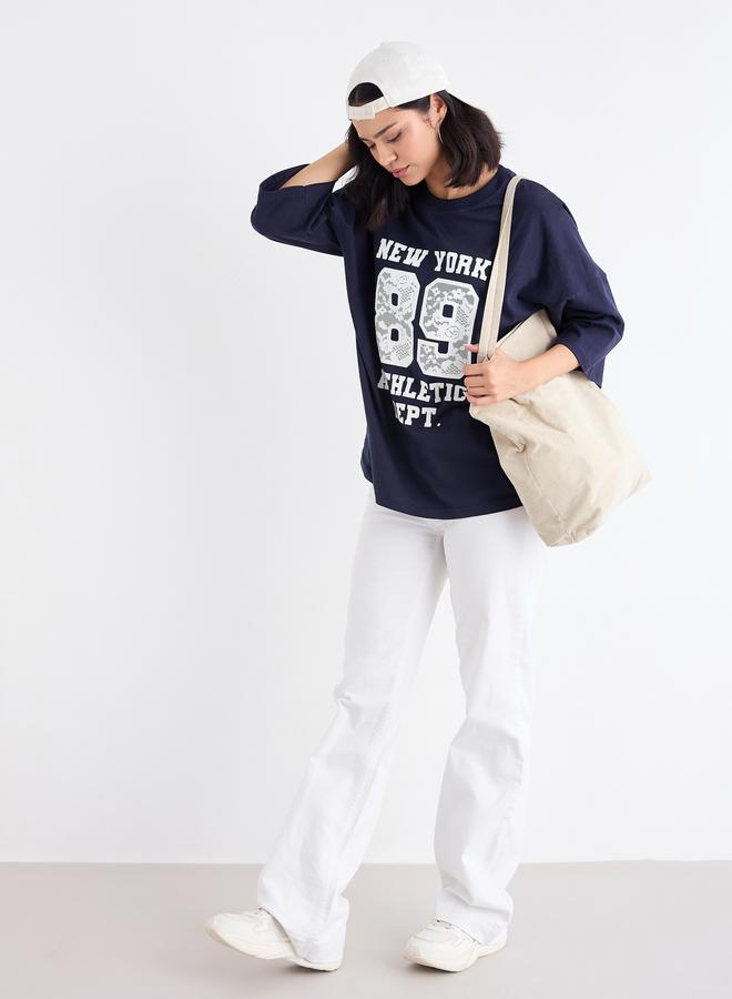 Styli Women Navy Graphic Oversized T-Shirt with Dropped Shoulder - Image 2